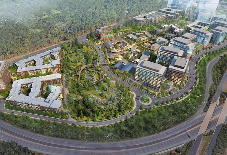 An aerial rendering of the full Rivana at Innovation Station project, ultimately planned for 9M SF on a 103-acre site. 