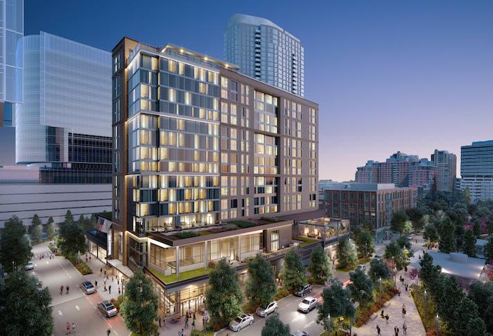 A rendering of the dual-branded Marriott AC Hotel and Residence Inn planned at Reston Town Center.