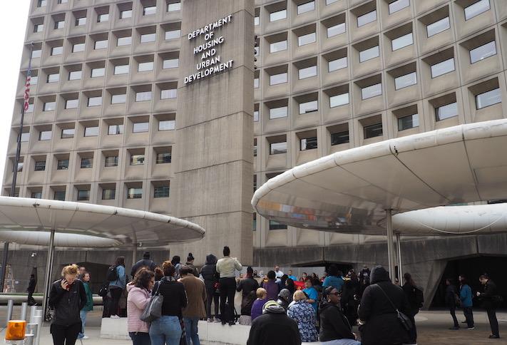 Housing advocates protesting outside the HUD headquarters. 