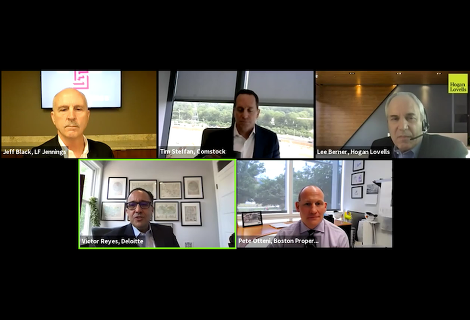 Clockwise from top left: LF Jenning's Jeff Black, Comstock's Tim Steffan, Hogan Lovells' Lee Berner, Boston Properties' Pete Otteni and Deloitte's Victor Reyes.