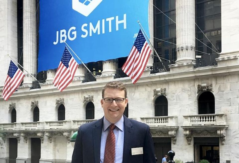 Chatham Financial's Brian Gould, then with JBG Smith, at the New York Stock Exchange the day the company went public in 2017.