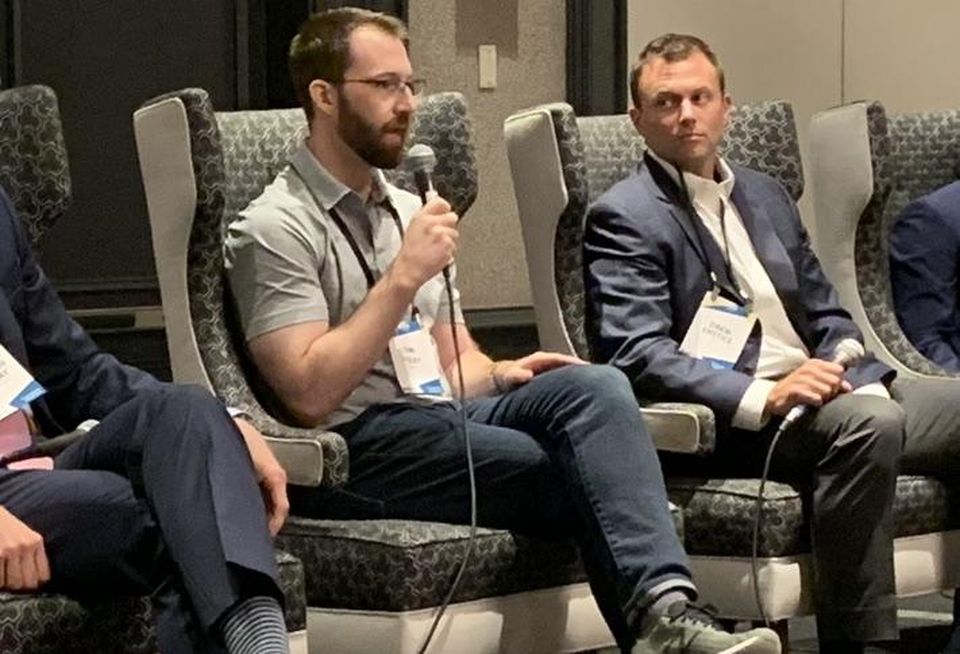 Amazon General Manager Tim Foley and ARCO's Drew Enstice at Bisnow's July 11 Baltimore-Washington Industrial Boom event