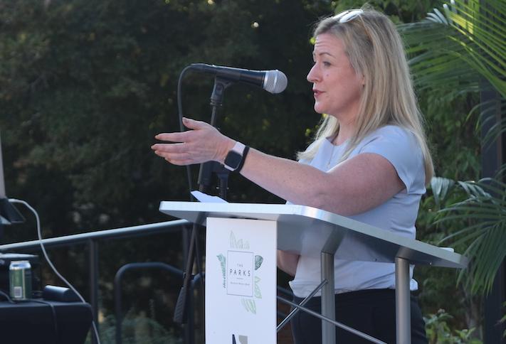 Caroline Kenney of Urban Atlantic speaks at a groundbreaking ceremony for The Reynard and Aspen Square, two multifamily projects on The Parks at Walter Reed campus, on Sept. 15, 2022.
