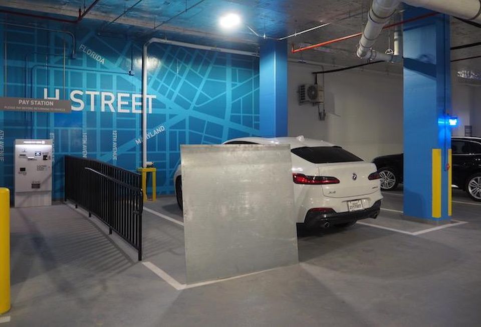 The retail parking area in the Avec building's garage.