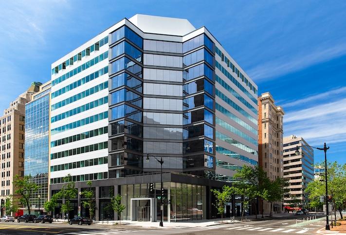 The Meridian Group's renovated office building, branded as The Aleck, at 1400 L St. NW. 