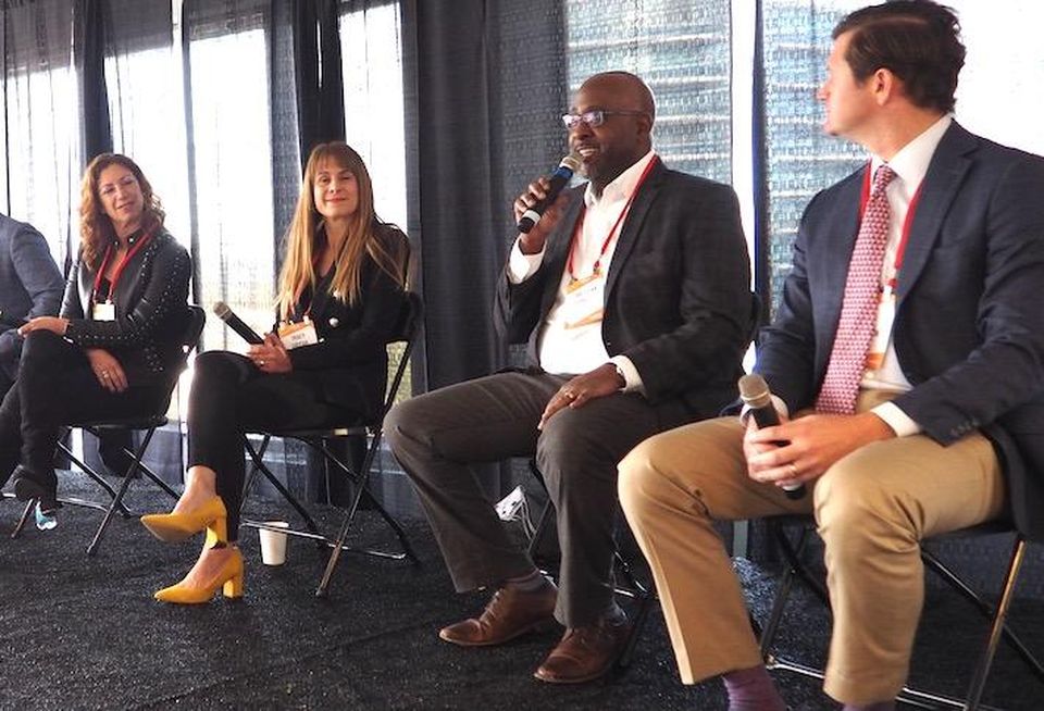Ballston BID's Tina Leone, National Landing BID's Tracy Sayegh Gabriel, Arlington County Board Member Christian Dorsey and Greystar's John Clarkson. 