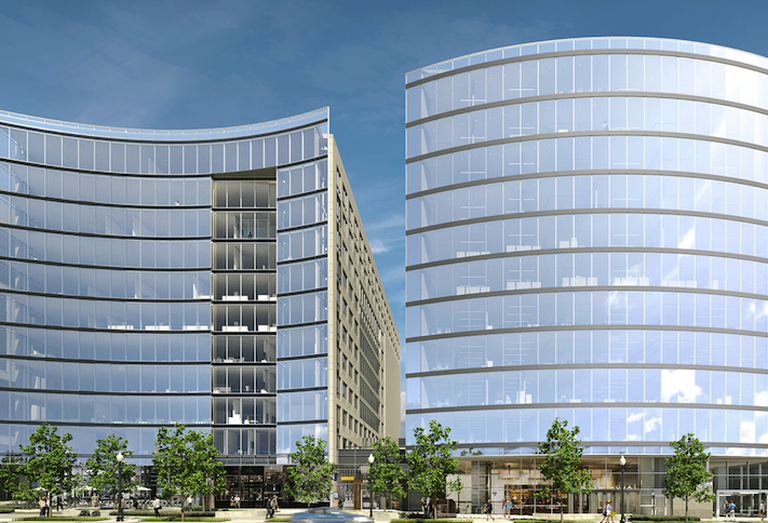 A rendering of the two office buildings planned at NoMa's Tyber Place, which Skanska has decided not to build on spec. 