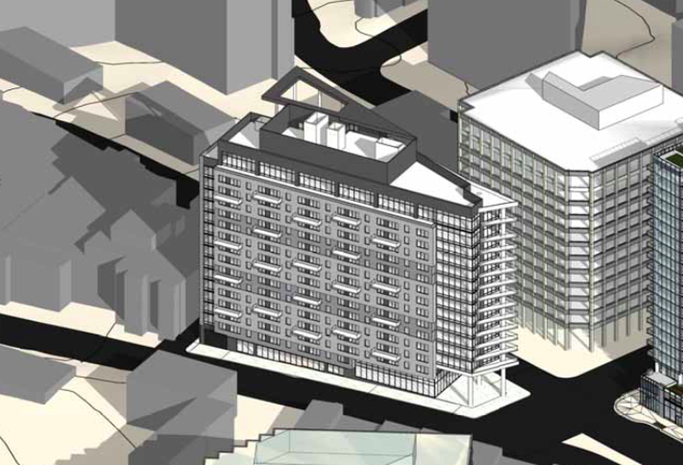 A rendering of the apartment building plans Greystar filed in October for 2025 Clarendon Blvd.