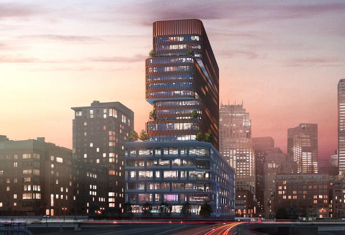 A rendering of the 21-story project Peebles Corp. and Genesis Cos. are planning on Boston's Parcel 25 site. 