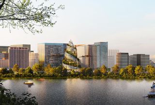 A rendering of the Northern Virginia skyline with the planned Amazon HQ2 buildings. 