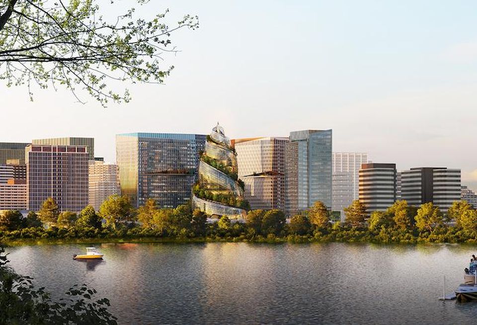 A rendering of the Northern Virginia skyline with the planned Amazon HQ2 buildings.