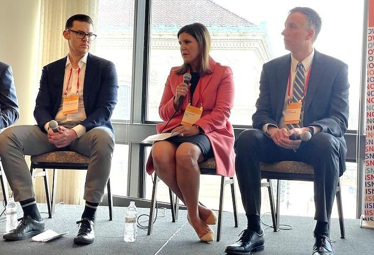 Link Logistics Real Estate's Daniel Connaughton, Colliers' PJ Foster and Catalyze's James Geshwiler at Bisnow's Boston Industrial Forecast event. 