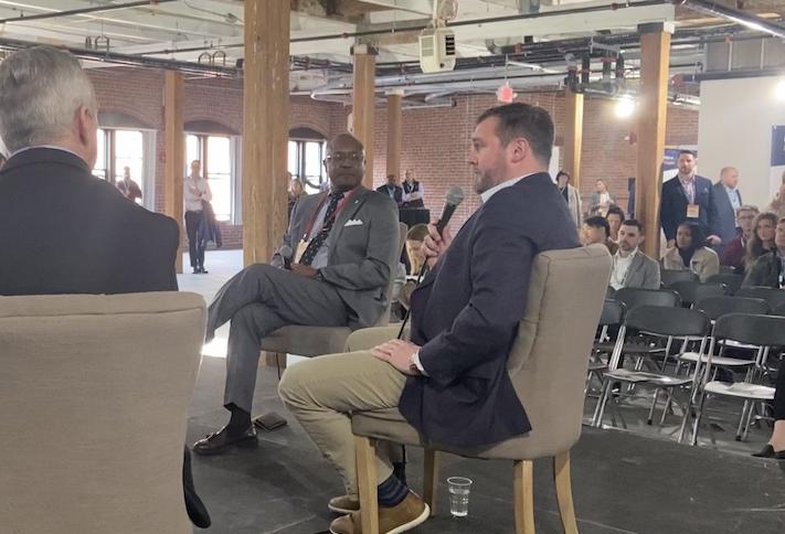 Massachusetts Life Sciences Center's Kenn Turner and MassBio's Ben Bradford at Bisnow's Boston Life Sciences Real Estate Conference.