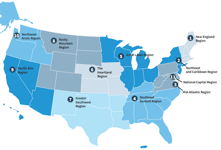 The GSA divides the U.S. into 11 regions, and its office leases are spread across the country. 