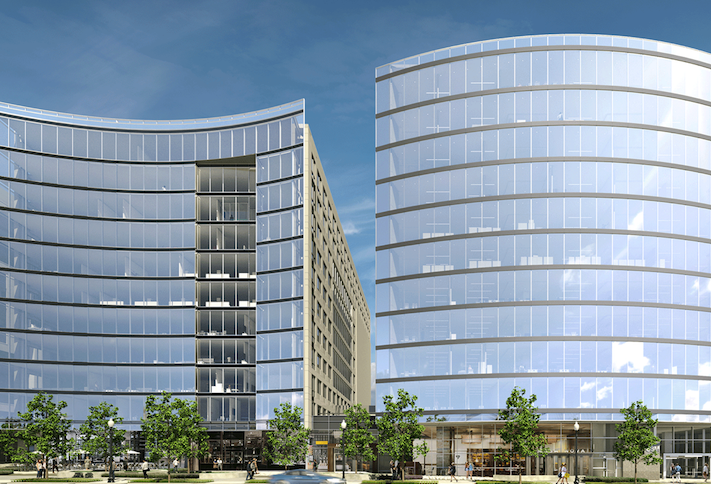 A rendering of the two office buildings planned at NoMa's Tyber Place, which Skanska has decided not to build on spec. 