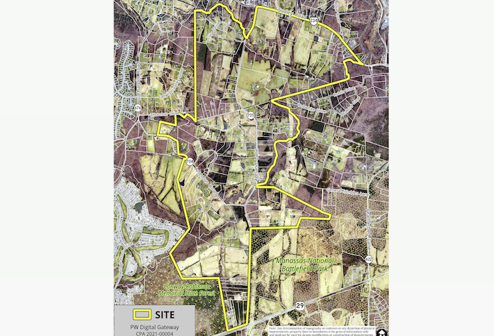 A map showing the boundaries of the 2,139-acre PW Digital Gateway area. 