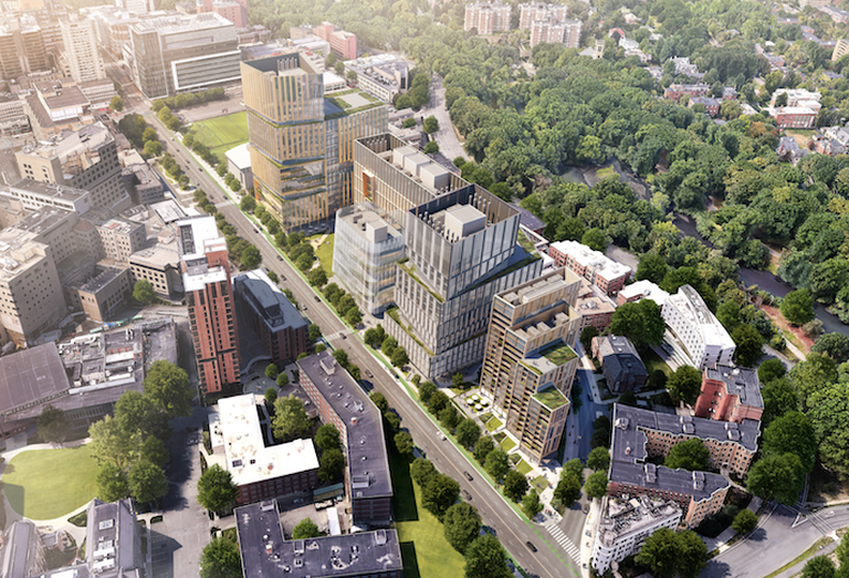 An aerial rendering of Skanska's plans for the Simmons University residential campus on Brookline Avenue. 