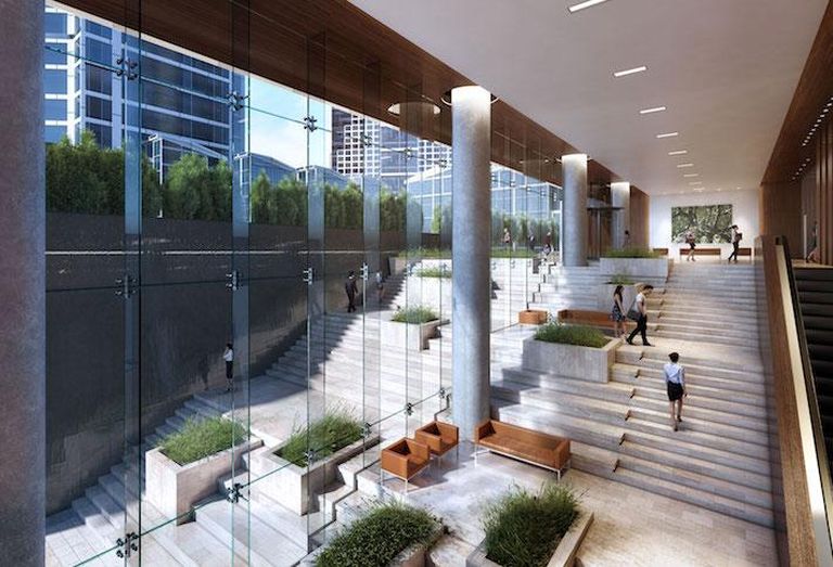 A rendering of the two-story lobby at Foulger-Pratt's Tysons Central project