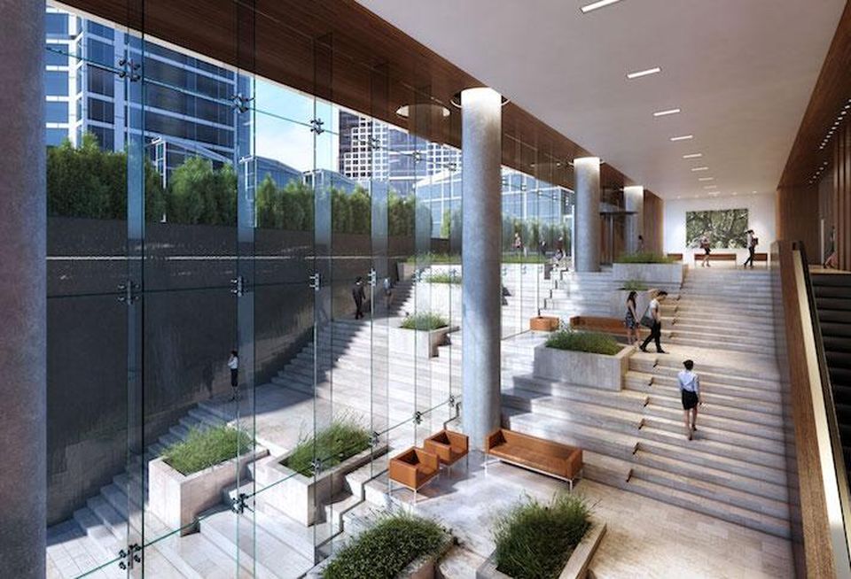 A rendering of the two-story lobby at Foulger-Pratt's Tysons Central project
