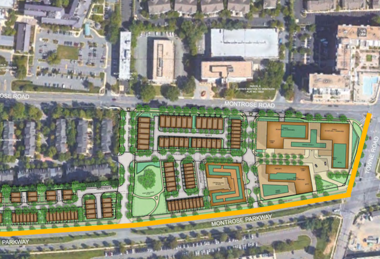 An aerial view of Willco's planned development at the intersection of Montrose Parkway and Towne Road in North Bethesda. 