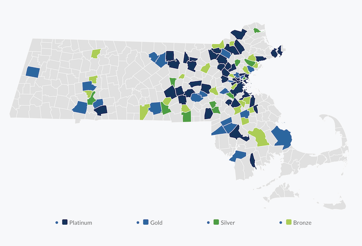 A map showing the Massachusetts cities and towns that have received rankings on MassBio's BioReady Communities list. 