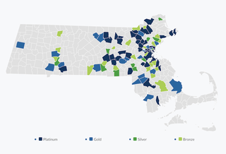 A map showing the Massachusetts cities and towns that have received rankings on MassBio's BioReady Communities list. 