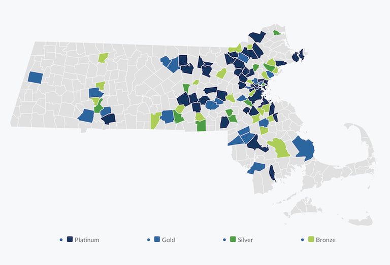 A map showing the Massachusetts cities and towns that have received rankings on MassBio's BioReady Communities list. 