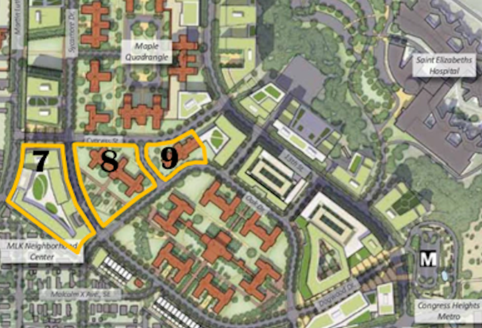 A site plan of the St. Elizabeths East development highlighting Parcels 7, 8 and 9, which were released in a new RFP Wednesday.
