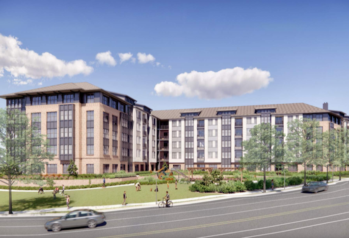 A rendering of the 280-unit project Elm Street has planned at the intersection of Richmond Highway and Buckman Road. 