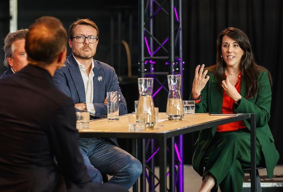 CIC's Melissa Ablett-Jordaan (right) and Prince Constantijn of the Netherlands (left) speaking at the 2021 Upstream Festival in Rotterdam.