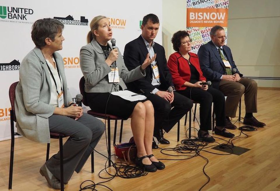 Facility Logix's Patricia Larrabee, Johns Hopkins University's Christy Wyskiel, Kite Pharma's Brian Stamper, BioHealth Innovation's Judy Costello and Coakley & Williams Construction's Greg Harraka