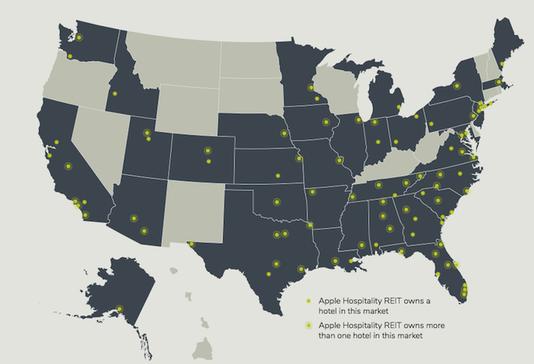 A map of Apple Hospitality REIT's portfolio, which is spread across many smaller markets and has outperformed the overall sector. 