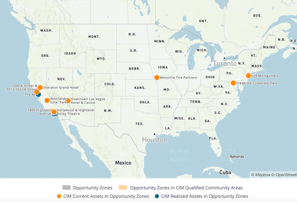 A map of the assets CIM Group controls in opportunity zones