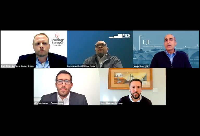 Clockwise from top left: Strouss & Salmon's Brett Siglin, MCB Real Estate's David Bramble, EJF Capital's Asheel Shah, Develop LLC's Steve Glickman and Falcone Group's Alfonso Costa Jr.