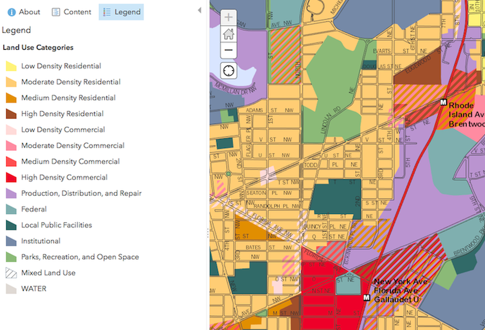 The Future Land Use Map as it stands today between the NoMa and Rhode Island Avenue stations, with the industrial PDR area in Purple.