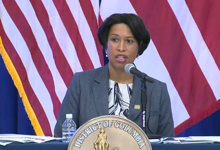 Mayor Muriel Bowser speaking at the ReOpenDC advisory group press conference Thursday. 