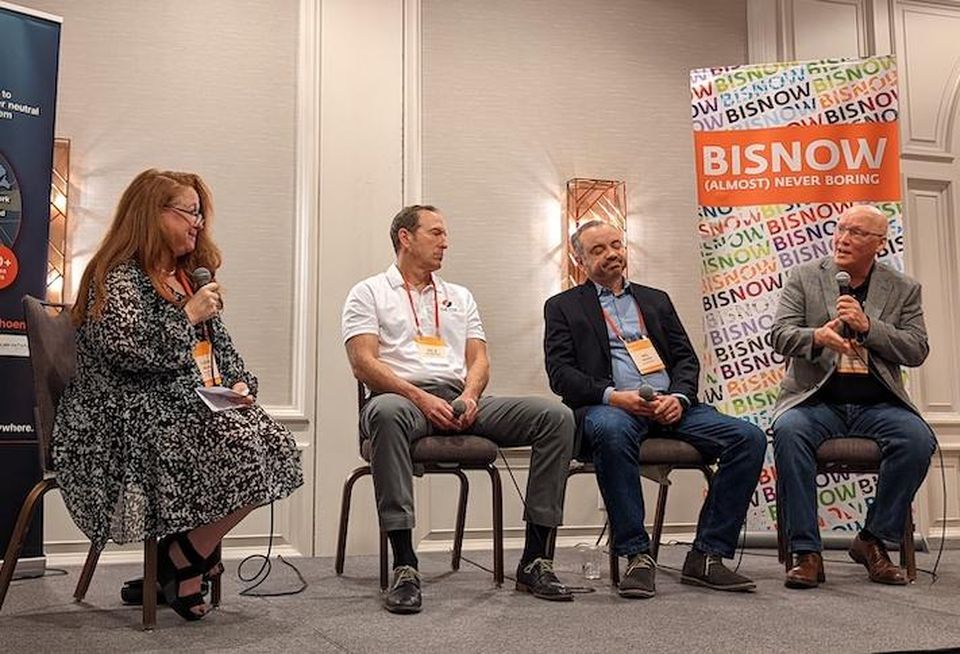 John Hardie (far right), Managing Vice President at PhoenixNAP, speaks at Bisnow's DICE Southwest event with (right to left) Wil Tirado from EdgeConneX, Ed D'Agostino from DE-CIX and moderator Ilissa Miller from iMiller PR.