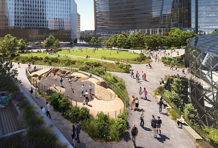 A rendering of the public space planned in the PenPlace portion of Amazon HQ2. 
