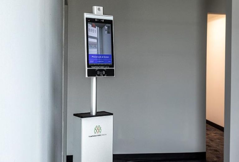 A temperature check station in an office building. 