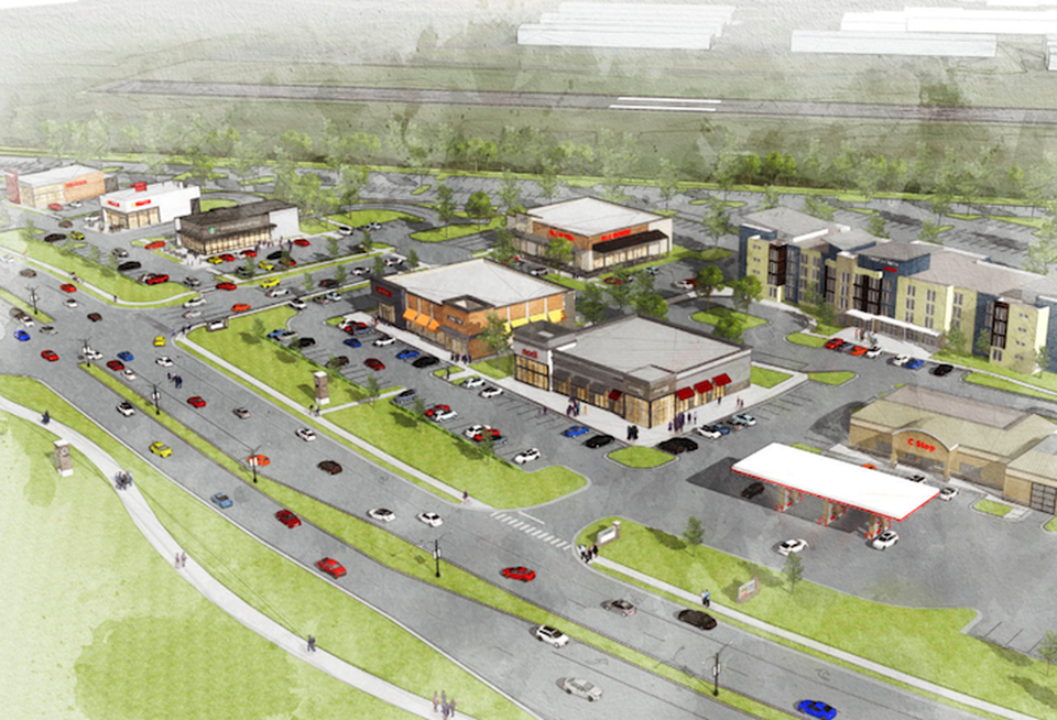 An aerial rendering of Peterson Cos.' Compass Creek development in Leesburg.