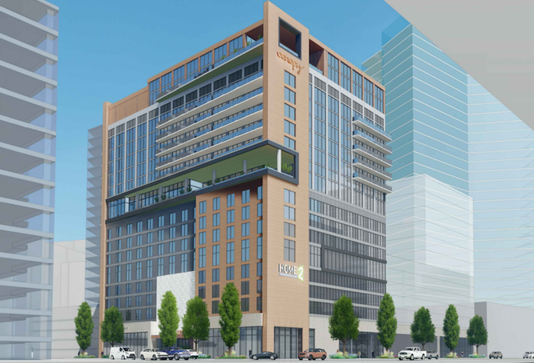 A rendering of the dual-branded Hilton hotel planned at the Scotts Run development. 