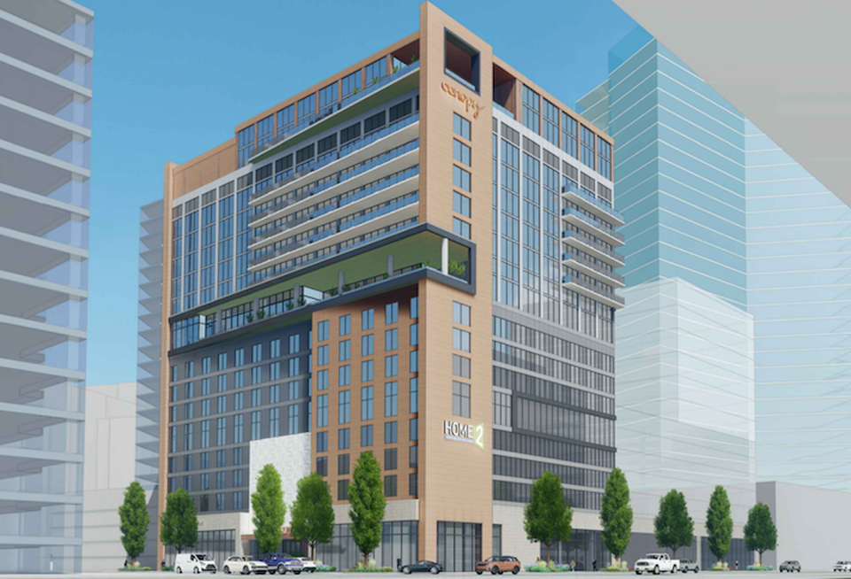 A rendering of the dual-branded Hilton hotel planned at the Scotts Run development.