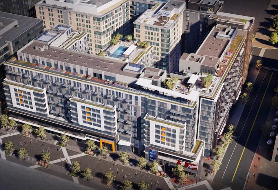 A rendering of The Kelvin's exterior and rooftop amenity space, which is still under construction.