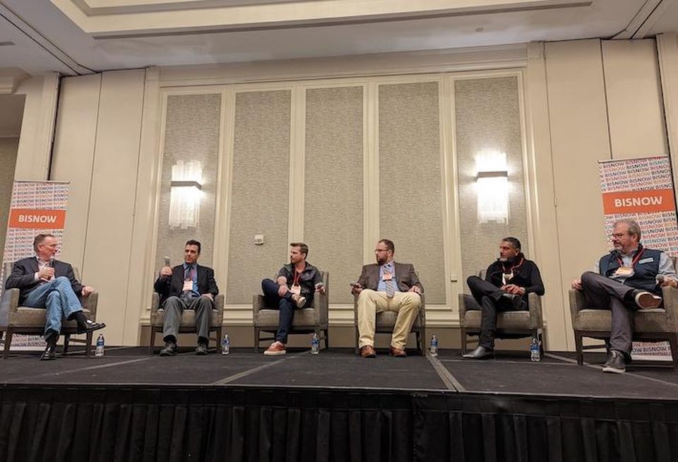 Schneider Electric's Mark Hurley (far left) speaks at Bisnow's National DICE Construction, Design and Development Summit. Hurley was joined by (left to right) Verizon's Frank McCann, EdgeConneX's Jack Elsea, Nick Spaziale at GIECO, Nabeel Mahmood from United Security Bank, and Jefff Ivey from Cologix.