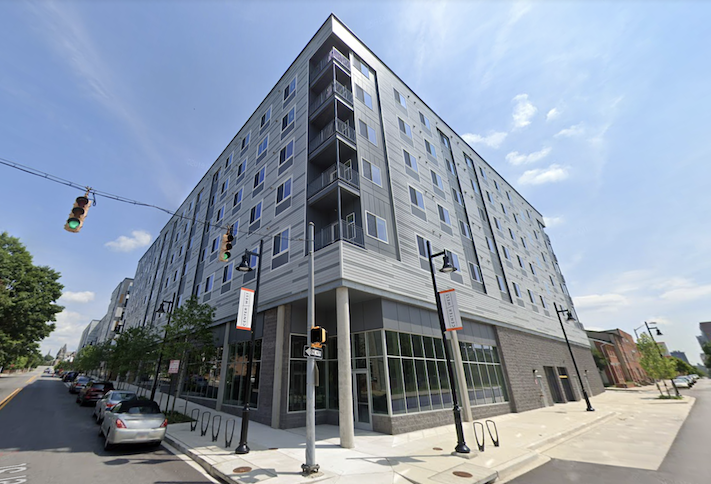 The completed apartment building at the Center/West development. 