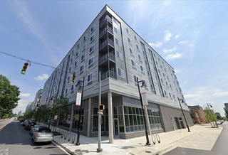 The completed apartment building at the Center/West development. 