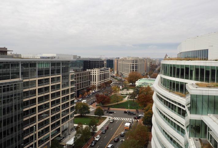 The office buildings around D.C.'s Mount Vernon Square, photographed from the rooftop of the AC Hotel by Marriott. 