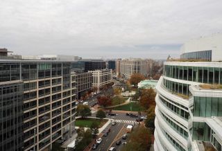 The office buildings around D.C.'s Mount Vernon Square, photographed from the rooftop of the AC Hotel by Marriott. 