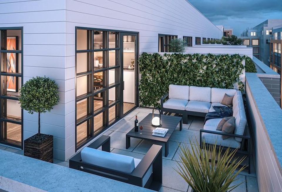 A rendering of a private outdoor patio at Grosvenor's City Homes condo project. 