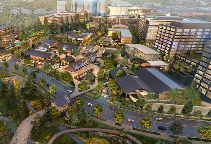An aerial rendering of the Rivana at Innovation Station project, planned at the interchange of Route 28 and the Dulles Toll Road.